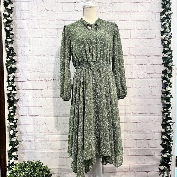Lark‎ + Grey Womens Midi Dress Floral Print Smocked Waist Long Sleeve Boho Small - Picture 1 of 13